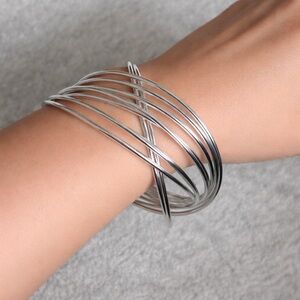 Silver Multi-Band Women's Bangle Bracelet set of 10